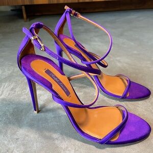 Ralph Lauren Purple Label Womans Cross Strap Purple Satin Sandal